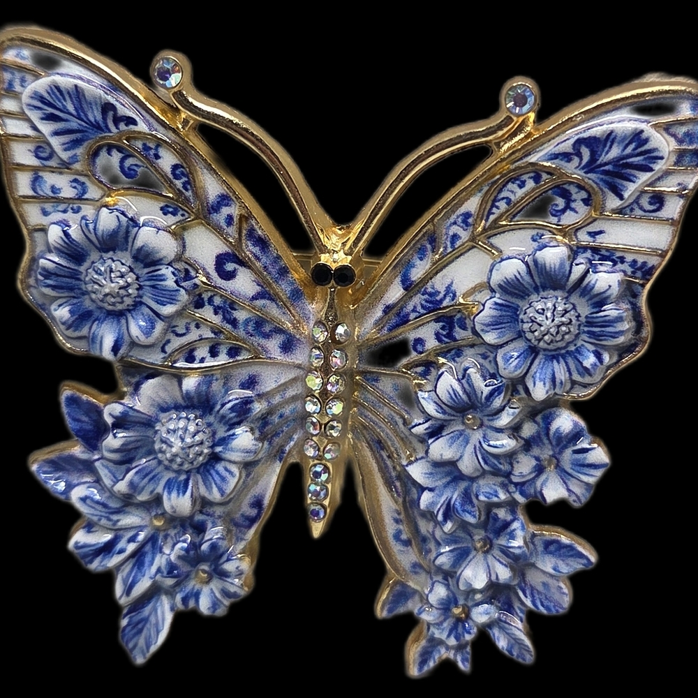 Elegant Gold and Blue Floral Butterfly Brooch